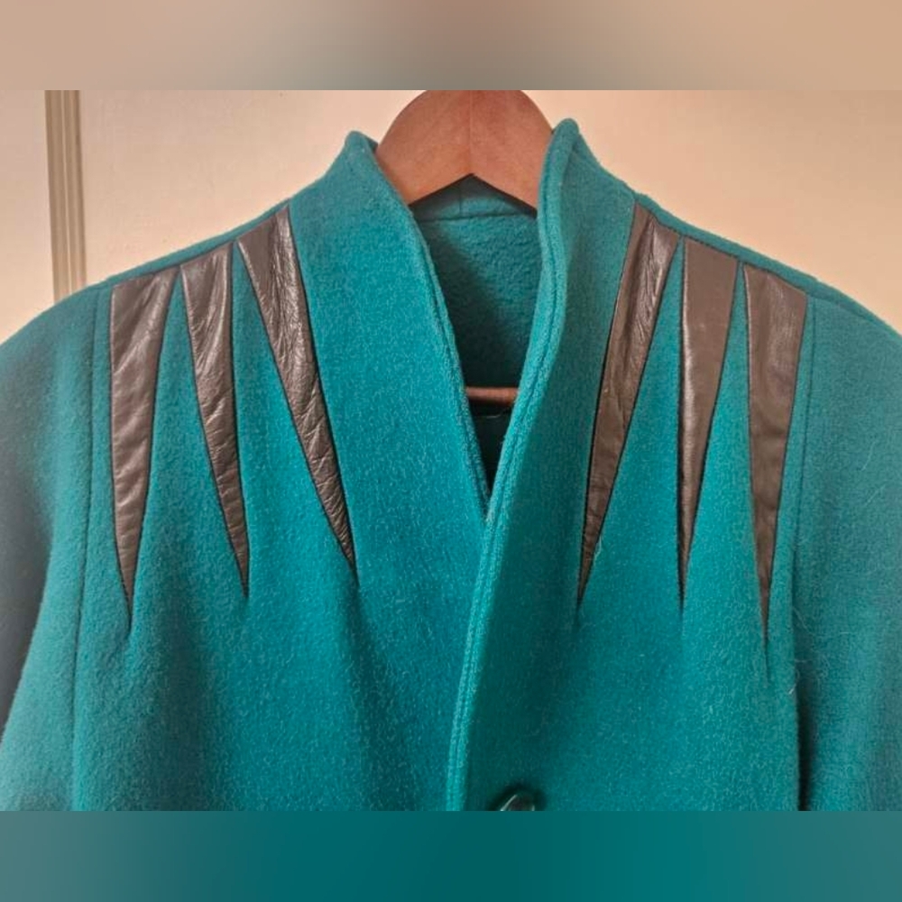 Vintage Long Winter Coat Blue/Green Teal 100% Wool Button Down Pockets Small - Picture 3 of 12